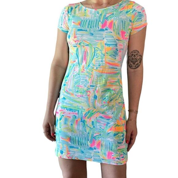 Lilly Pulitzer Womens Neon Floral 100% Pima Cotton Mini Beach Summer Dress XS - Picture 5 of 6